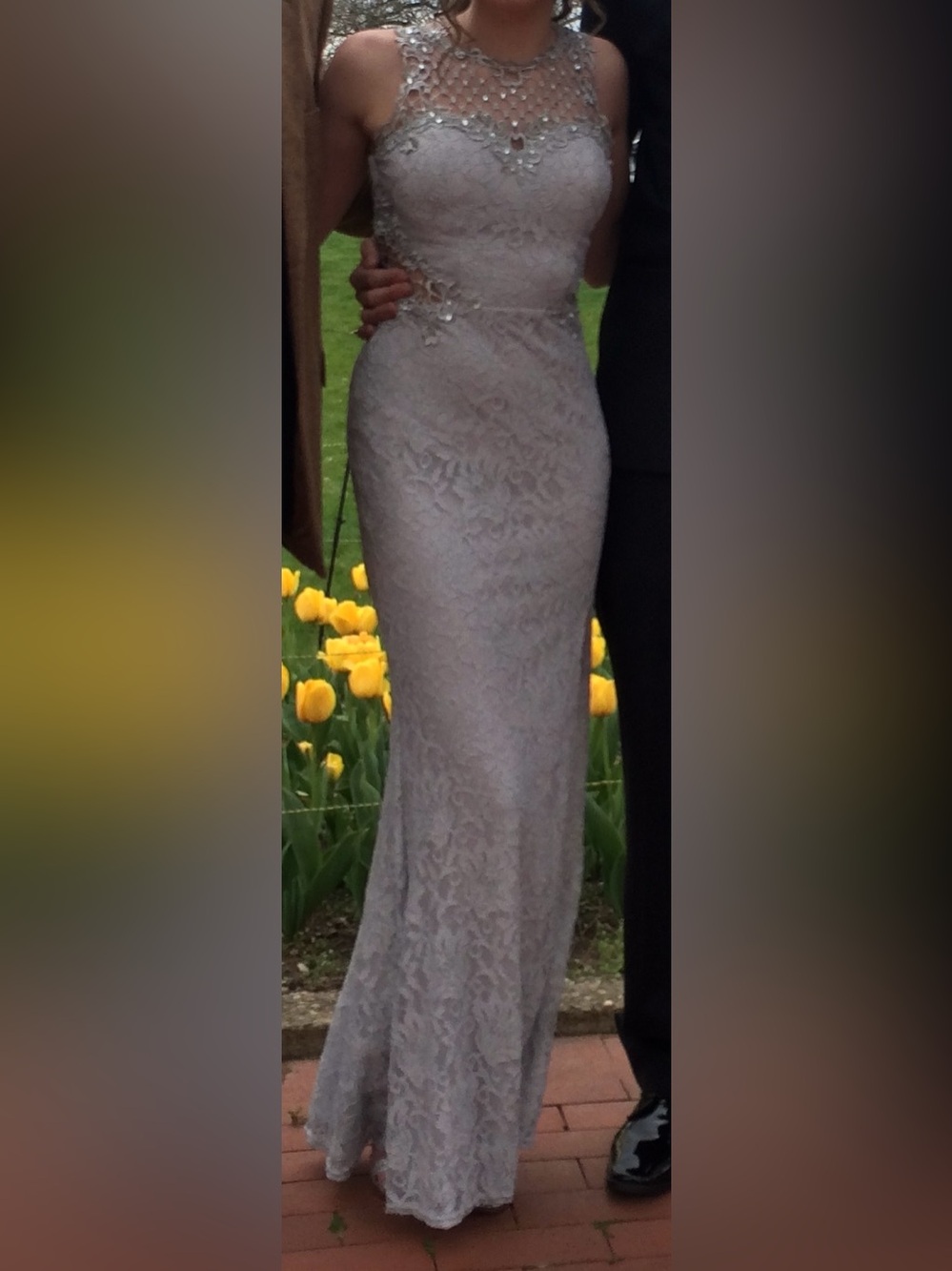 City Triangles Silver-Gray Lace Maxi Dress with Beaded Yoke